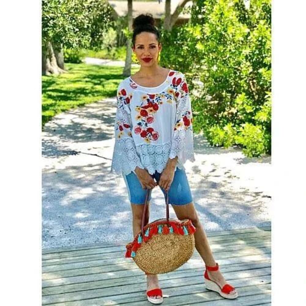 Curations Boho Lace Floral Tunic Blouse Top NWT Bell Sleeve Size Large